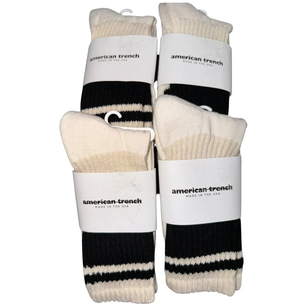 American Trench Retro Crew Socks Lot 4 Pair NIP Made USA White Black Stripe